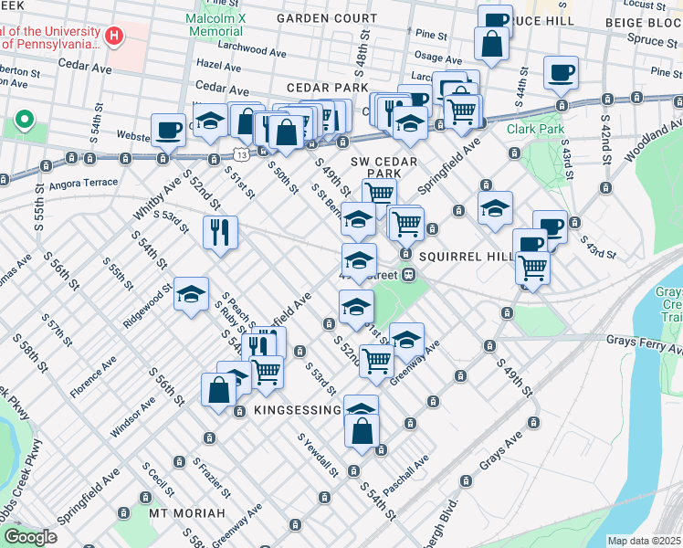map of restaurants, bars, coffee shops, grocery stores, and more near 5020 Springfield Avenue in Philadelphia