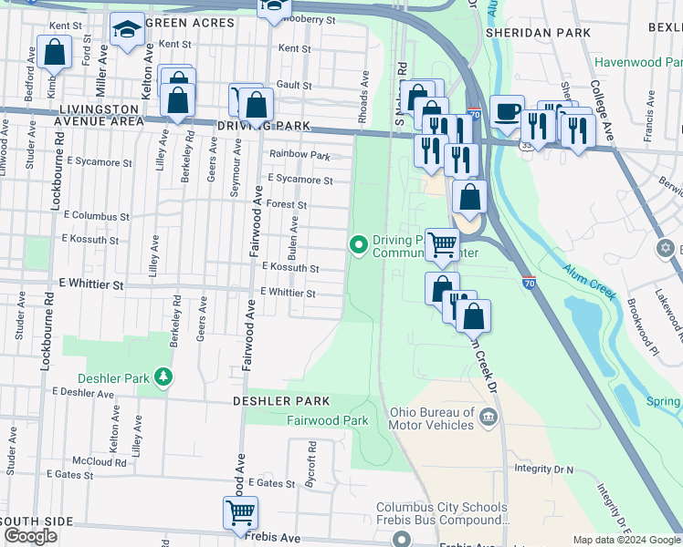 map of restaurants, bars, coffee shops, grocery stores, and more near 1741 E Kossuth St in Columbus