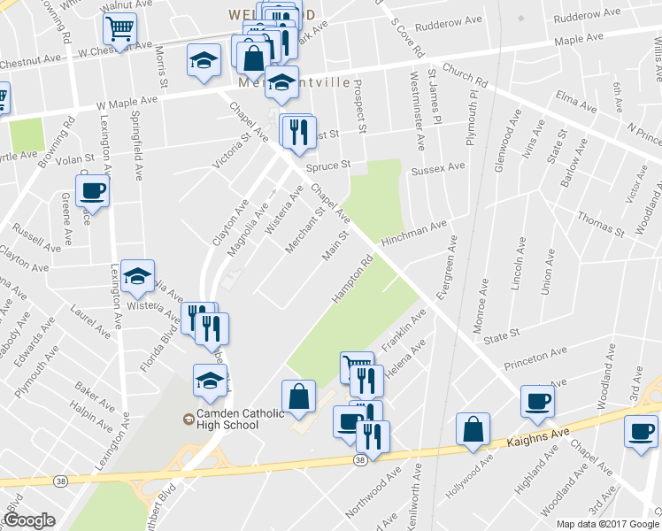 map of restaurants, bars, coffee shops, grocery stores, and more near 541 Main Street in Cherry Hill