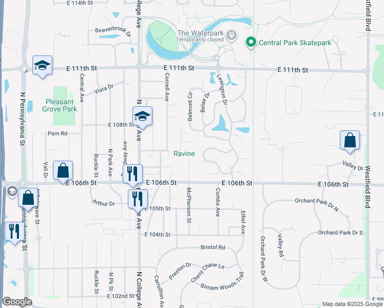 map of restaurants, bars, coffee shops, grocery stores, and more near 10715 McPherson Street in Indianapolis