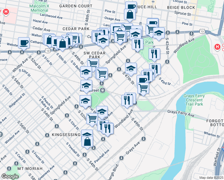 map of restaurants, bars, coffee shops, grocery stores, and more near 4821 Kingsessing Avenue in Philadelphia