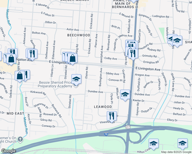 map of restaurants, bars, coffee shops, grocery stores, and more near 1482 Elaine Road in Columbus