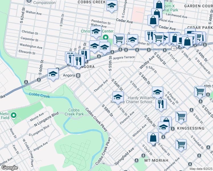 map of restaurants, bars, coffee shops, grocery stores, and more near 5641 Elliott Street in Philadelphia