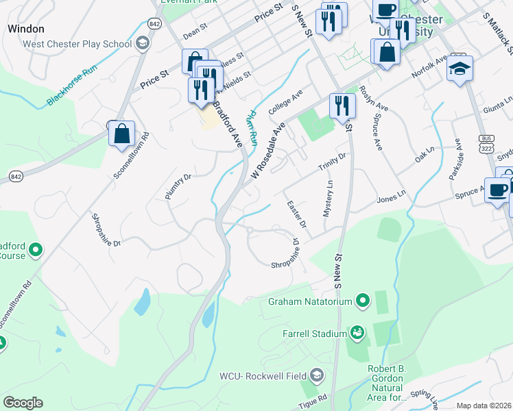 map of restaurants, bars, coffee shops, grocery stores, and more near 520 Raspberry Lane in West Chester