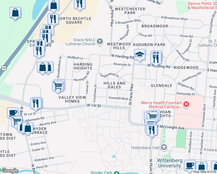 map of restaurants, bars, coffee shops, grocery stores, and more near 734 West 2nd Street in Springfield