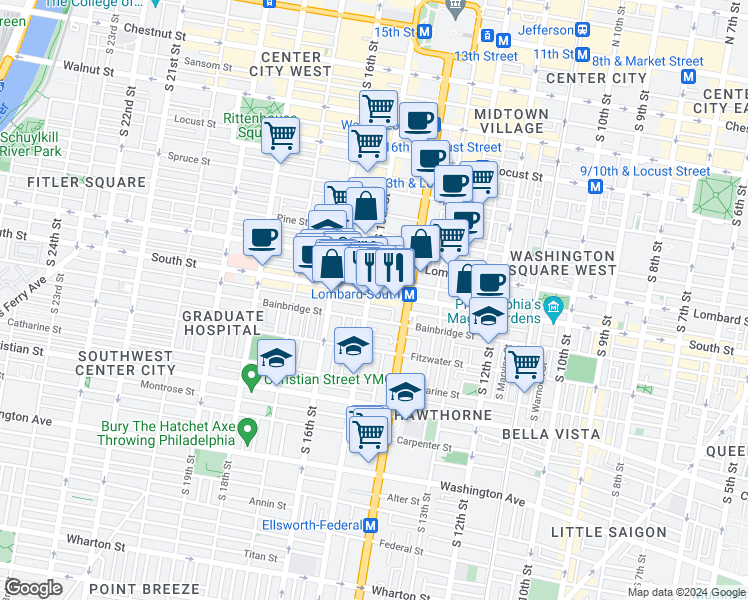 map of restaurants, bars, coffee shops, grocery stores, and more near 1442 South Street in Philadelphia