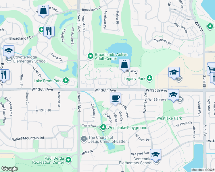 map of restaurants, bars, coffee shops, grocery stores, and more near 3230 Boulder Circle in Broomfield