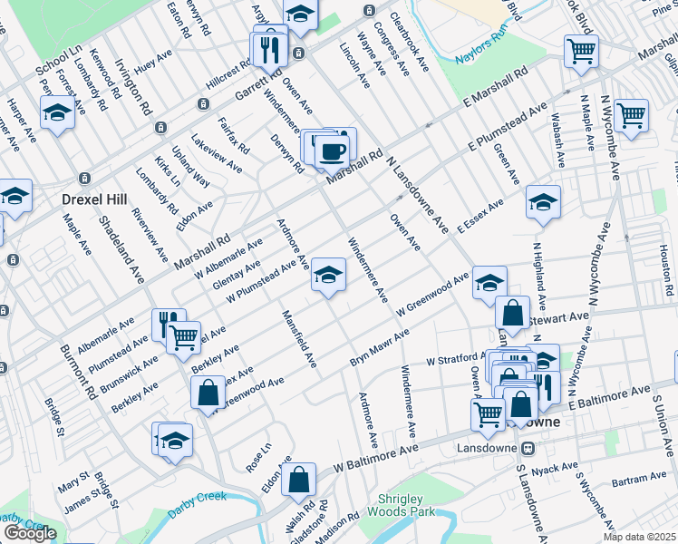 map of restaurants, bars, coffee shops, grocery stores, and more near 108 Drexel Avenue in Lansdowne