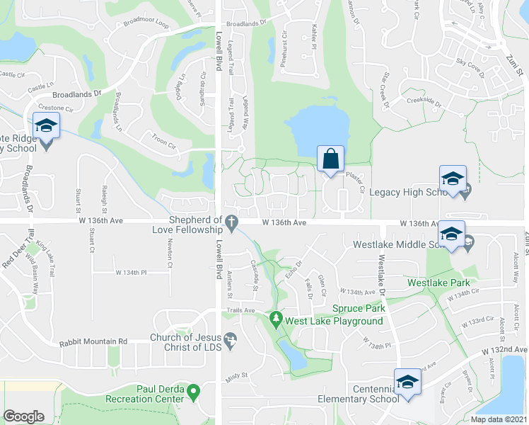 map of restaurants, bars, coffee shops, grocery stores, and more near 3330 Boulder Circle in Broomfield