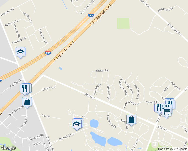 map of restaurants, bars, coffee shops, grocery stores, and more near 2505 Stokes Road in Mount Laurel