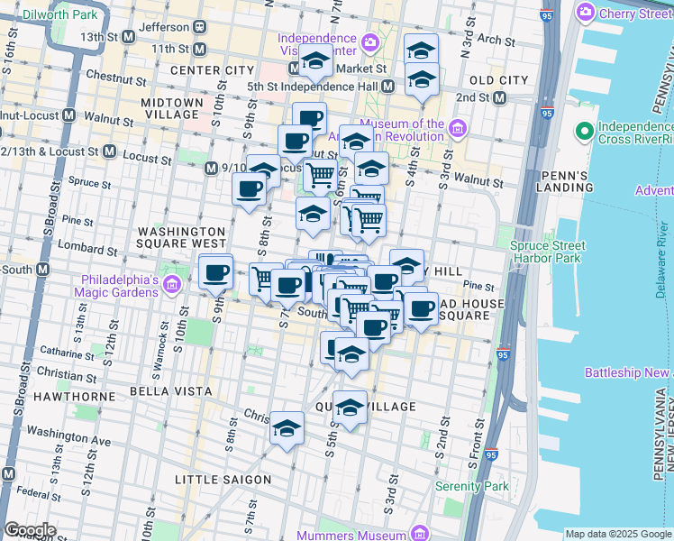 map of restaurants, bars, coffee shops, grocery stores, and more near 528 Pine Street in Philadelphia