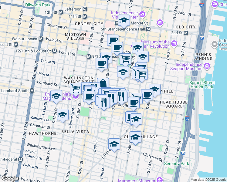 map of restaurants, bars, coffee shops, grocery stores, and more near 725 Lombard Street in Philadelphia
