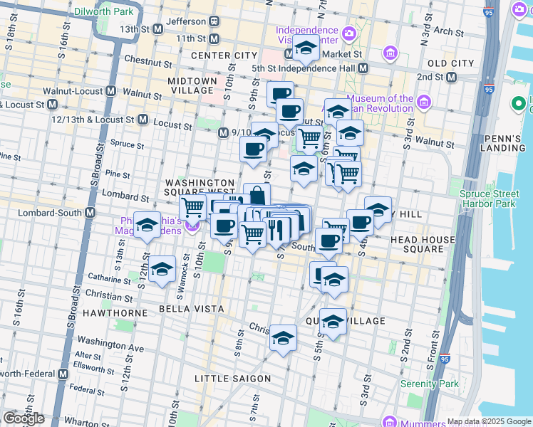 map of restaurants, bars, coffee shops, grocery stores, and more near 725 Lombard Street in Philadelphia