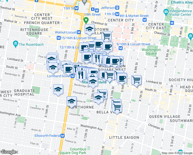 map of restaurants, bars, coffee shops, grocery stores, and more near in Philadelphia