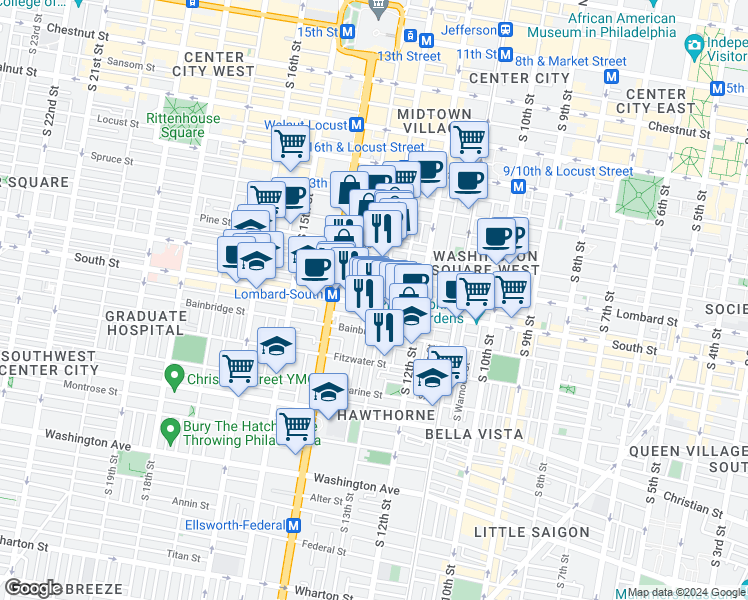 map of restaurants, bars, coffee shops, grocery stores, and more near in Philadelphia