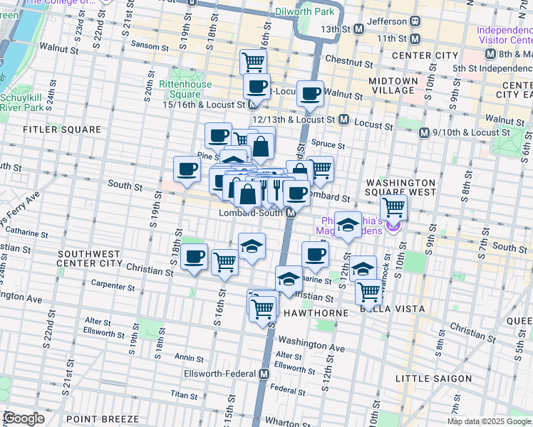 map of restaurants, bars, coffee shops, grocery stores, and more near 1442 South Street in Philadelphia