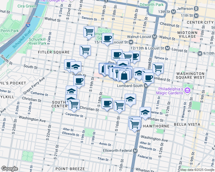 map of restaurants, bars, coffee shops, grocery stores, and more near 1713 Bainbridge Street in Philadelphia