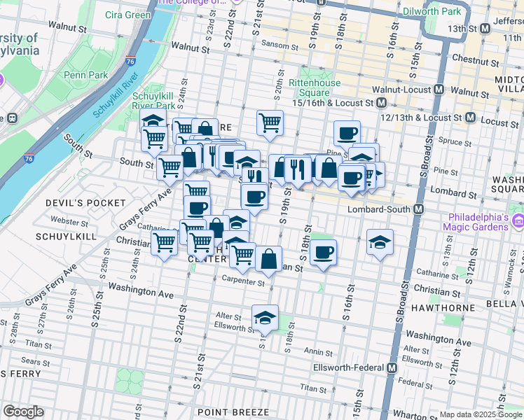 map of restaurants, bars, coffee shops, grocery stores, and more near 2004 Pemberton Street in Philadelphia