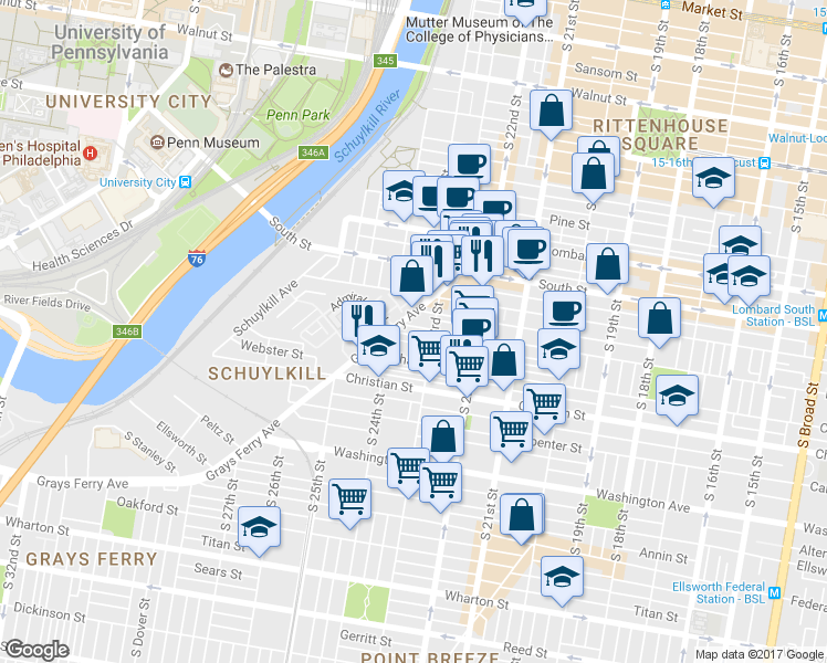 map of restaurants, bars, coffee shops, grocery stores, and more near 2324 Fitzwater Street in Philadelphia