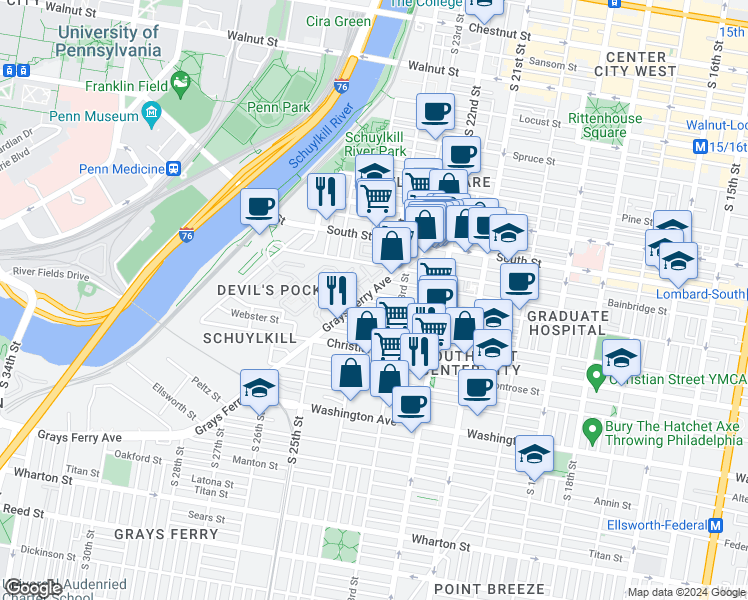map of restaurants, bars, coffee shops, grocery stores, and more near 2324 Fitzwater Street in Philadelphia
