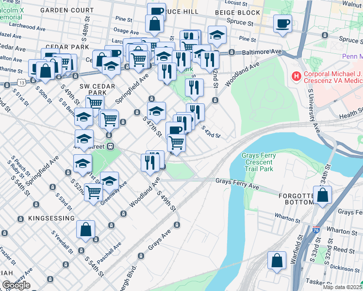 map of restaurants, bars, coffee shops, grocery stores, and more near 4620 Woodland Avenue in Philadelphia
