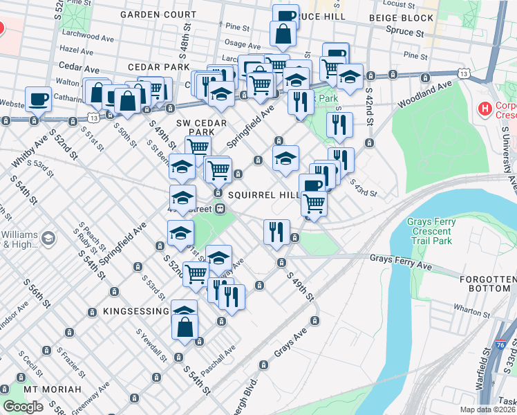 map of restaurants, bars, coffee shops, grocery stores, and more near 4816 Kingsessing Avenue in Philadelphia