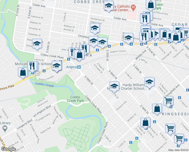 map of restaurants, bars, coffee shops, grocery stores, and more near 1240 South 57th Street in Philadelphia
