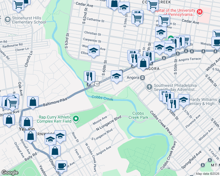 map of restaurants, bars, coffee shops, grocery stores, and more near 6006 Angora Terrace in Philadelphia