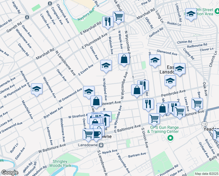 map of restaurants, bars, coffee shops, grocery stores, and more near 86 East Greenwood Avenue in Lansdowne
