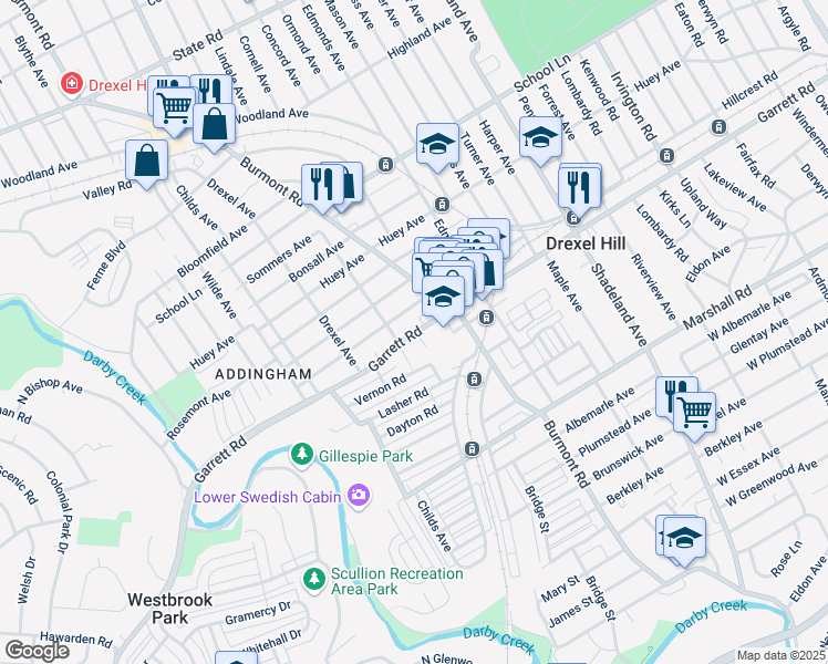 map of restaurants, bars, coffee shops, grocery stores, and more near 3837 Garrett Road in Drexel Hill