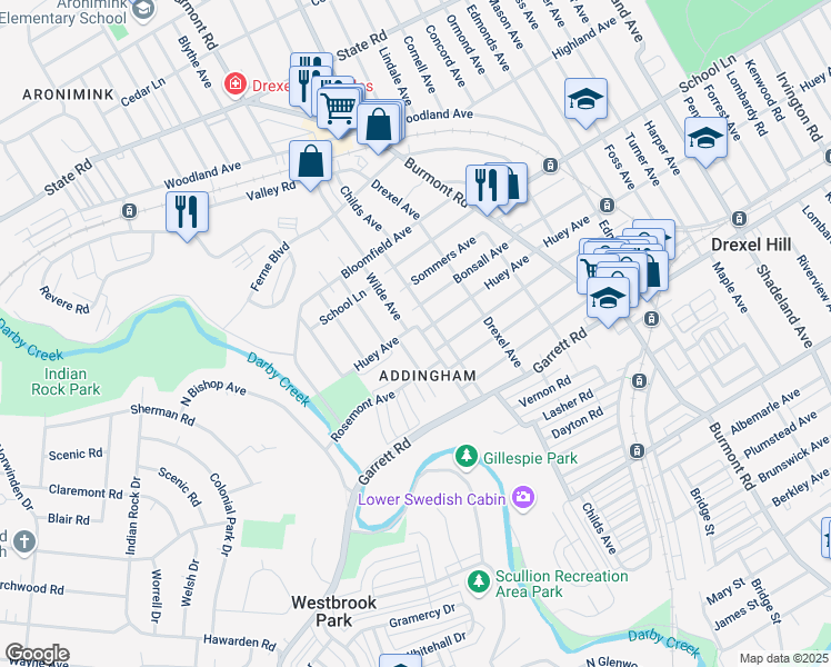 map of restaurants, bars, coffee shops, grocery stores, and more near 454 Childs Avenue in Drexel Hill