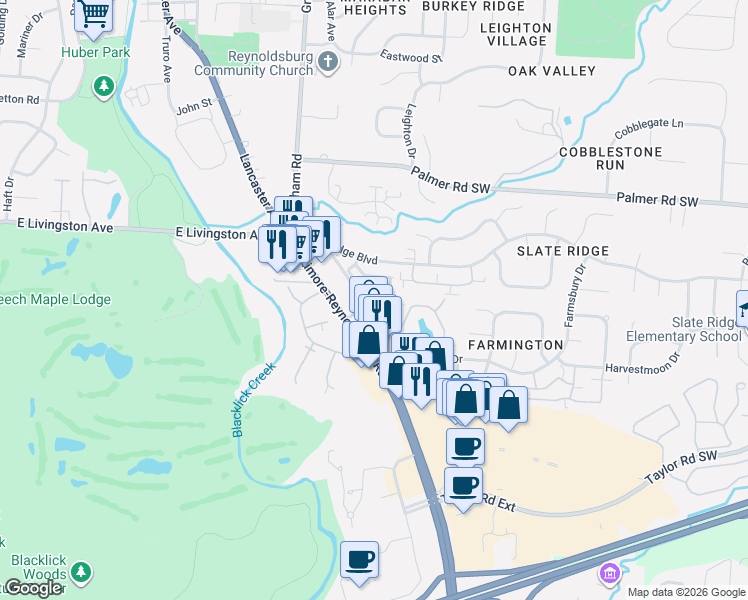 map of restaurants, bars, coffee shops, grocery stores, and more near 2048 Opal Street in Reynoldsburg