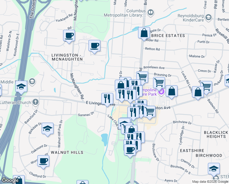 map of restaurants, bars, coffee shops, grocery stores, and more near 6041 Radekin Road in Columbus