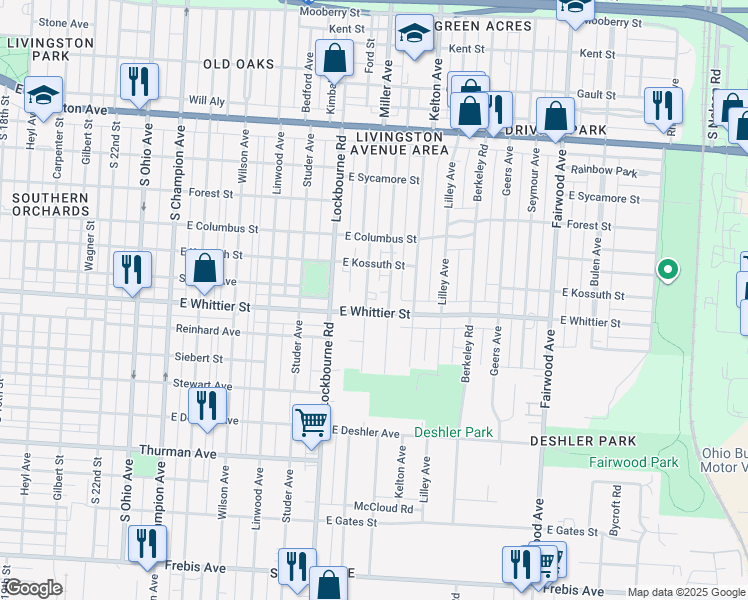 map of restaurants, bars, coffee shops, grocery stores, and more near 1112 Miller Avenue in Columbus