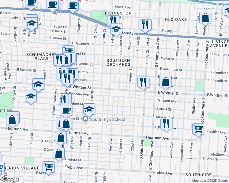map of restaurants, bars, coffee shops, grocery stores, and more near 801 East Whittier Street in Columbus