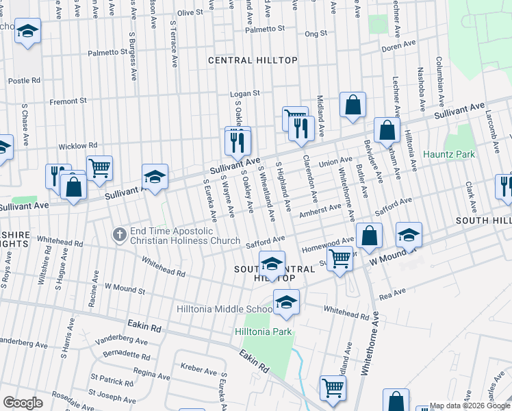 map of restaurants, bars, coffee shops, grocery stores, and more near 581 South Wheatland Avenue in Columbus