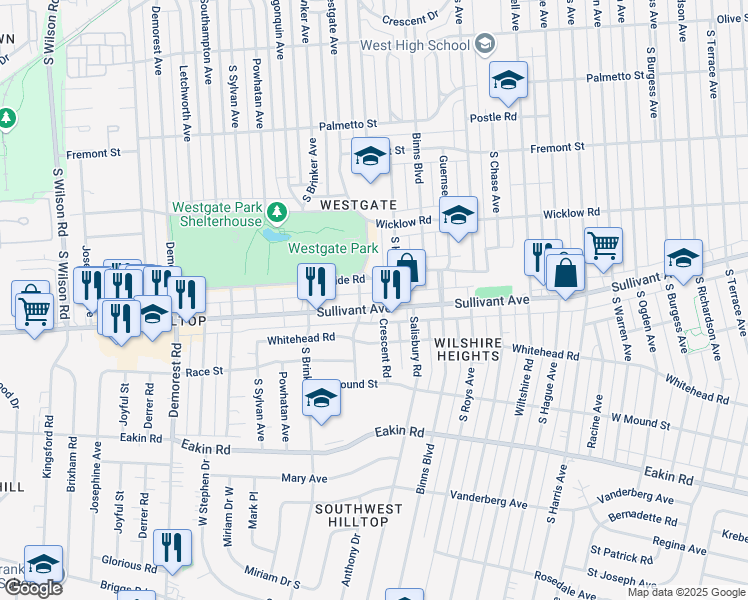 map of restaurants, bars, coffee shops, grocery stores, and more near 3064 Sullivant Avenue in Columbus