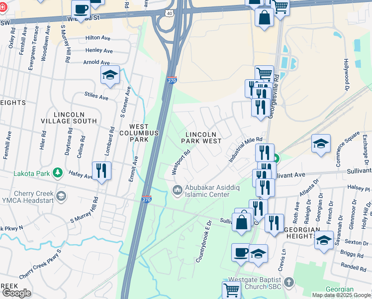 map of restaurants, bars, coffee shops, grocery stores, and more near 600 Franshire West in Columbus