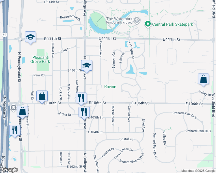 map of restaurants, bars, coffee shops, grocery stores, and more near 10715 McPherson Street in Indianapolis