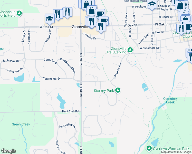 map of restaurants, bars, coffee shops, grocery stores, and more near 6775 South 1000 East in Zionsville