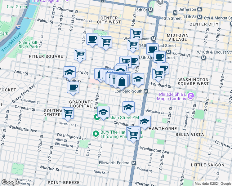 map of restaurants, bars, coffee shops, grocery stores, and more near 1616 Kater Street in Philadelphia