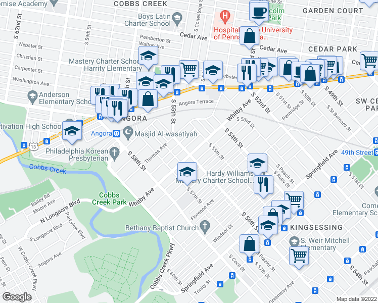 map of restaurants, bars, coffee shops, grocery stores, and more near 5555 Whitby Avenue in Philadelphia