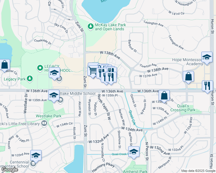 map of restaurants, bars, coffee shops, grocery stores, and more near 2105 West 136th Avenue in Broomfield