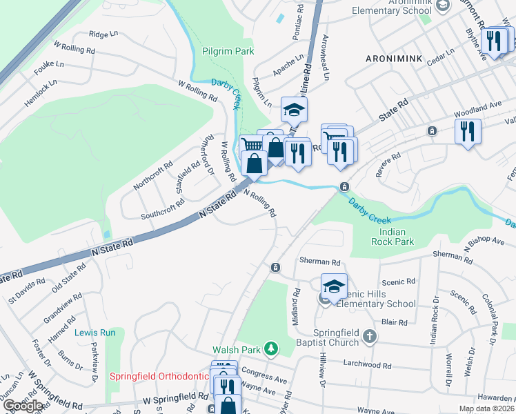 map of restaurants, bars, coffee shops, grocery stores, and more near 412 North Rolling Road in Springfield