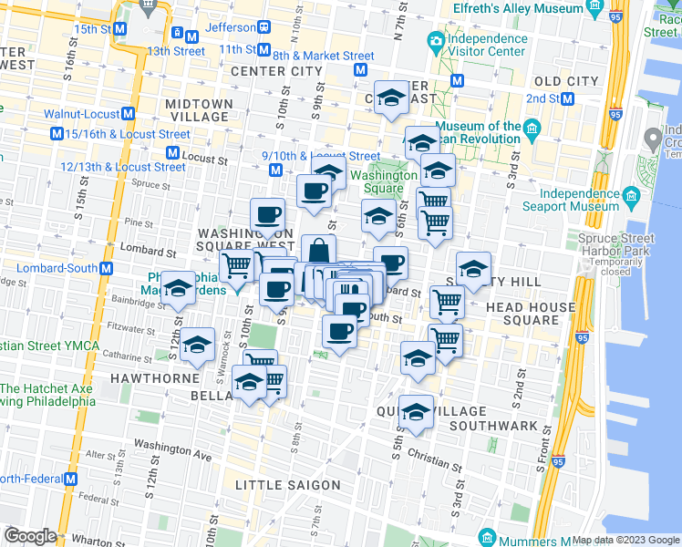 map of restaurants, bars, coffee shops, grocery stores, and more near 419 South Perth Street in Philadelphia