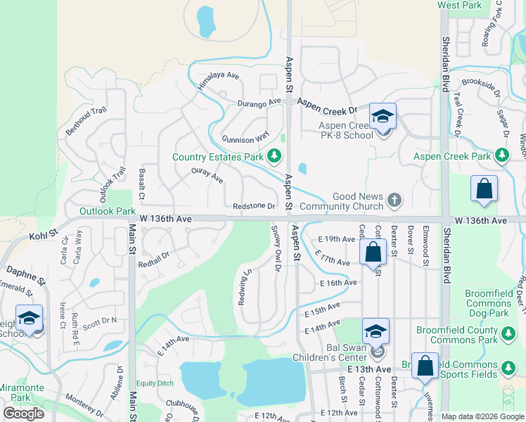 map of restaurants, bars, coffee shops, grocery stores, and more near 610 Redstone Drive in Broomfield