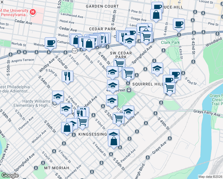 map of restaurants, bars, coffee shops, grocery stores, and more near 1123 Divinity Street in Philadelphia