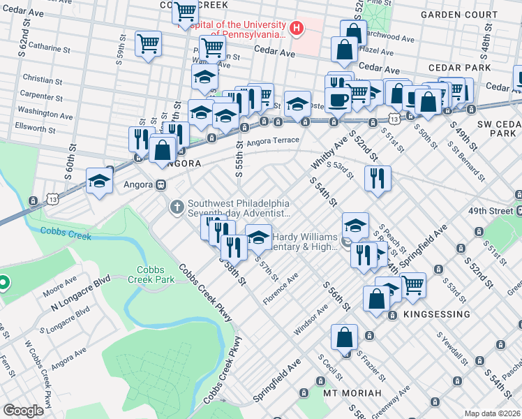 map of restaurants, bars, coffee shops, grocery stores, and more near 1154 South 56th Street in Philadelphia
