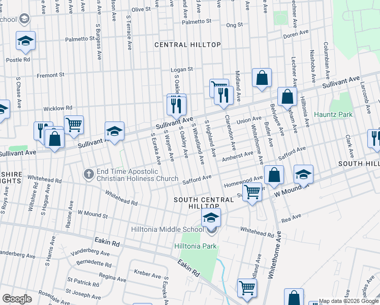 map of restaurants, bars, coffee shops, grocery stores, and more near 581 South Wheatland Avenue in Columbus