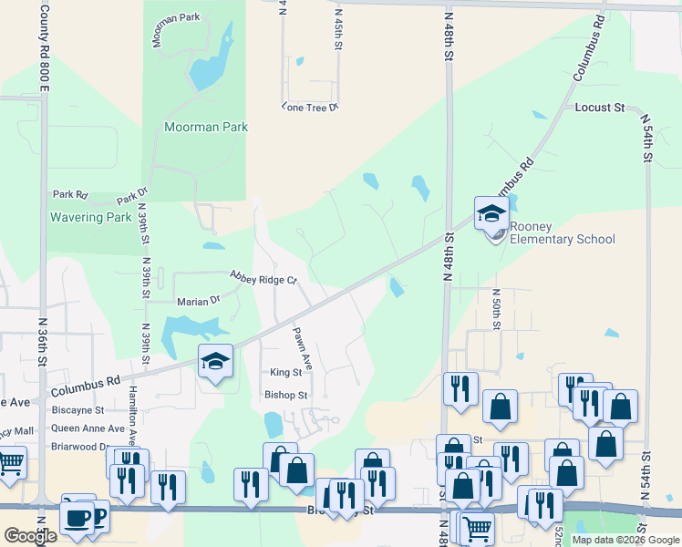 map of restaurants, bars, coffee shops, grocery stores, and more near 4501-4611 County Road 943 East in Quincy